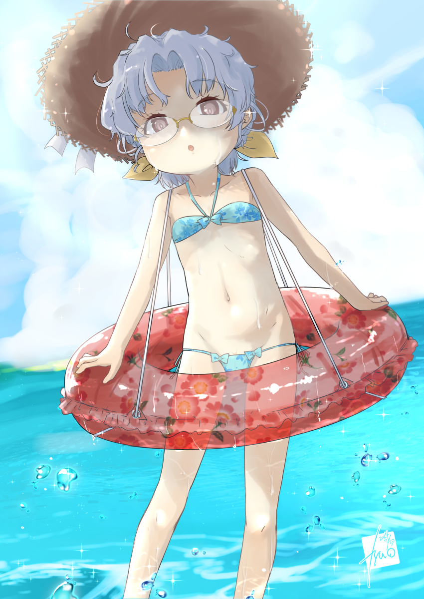 1girl absurdres bikini blue_bikini blue_sky brown_eyes fyuo glasses hat highres hirato_(kancolle) kantai_collection navel pussy pussy_peek short_hair sky solo straw_hat swim_ring swimsuit water white_hair