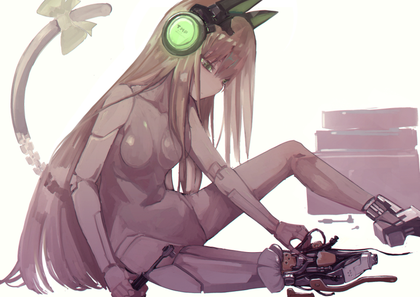 1girl animal_ears blonde_hair broken cameltoe fake_animal_ears from_side girls&#039;_frontline green_eyes headphones leotard long_hair mechanical_legs mechabare mishima_hiroji repairing socket_wrench solo tail tmp_(girls&#039;_frontline) tools very_long_hair white_background white_leotard
