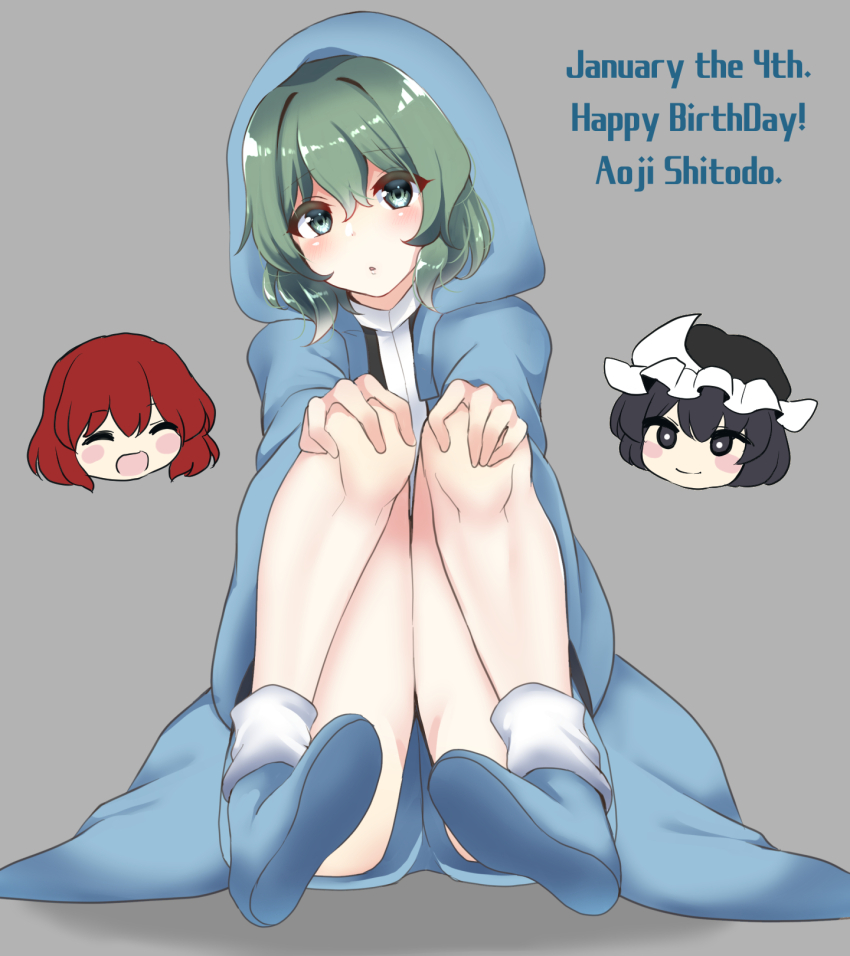 3others :o ^_^ androgynous bare_legs black_eyes black_hat blue_footwear blue_jacket blue_shorts blush_stickers boots bright_pupils character_name closed_eyes closed_mouth commentary_request dated dot_nose english_text eyes_visible_through_hair frilled_headwear full_body green_eyes green_hair grey_background hair_between_eyes hands_on_own_knees happy happy_birthday hat head_only highres hood hood_up hooded_jacket jacket knees knees_up len&#039;en light_blush long_sleeves mob_cap multiple_others open_clothes open_jacket open_mouth other_focus ougi_hina paid_reward_available parted_lips red_hair shadow shitodo_aoji shitodo_hooaka shitodo_kuroji short_hair shorts simple_background sitting smile socks solo_focus thighs triangular_headpiece white_pupils white_socks wide_sleeves