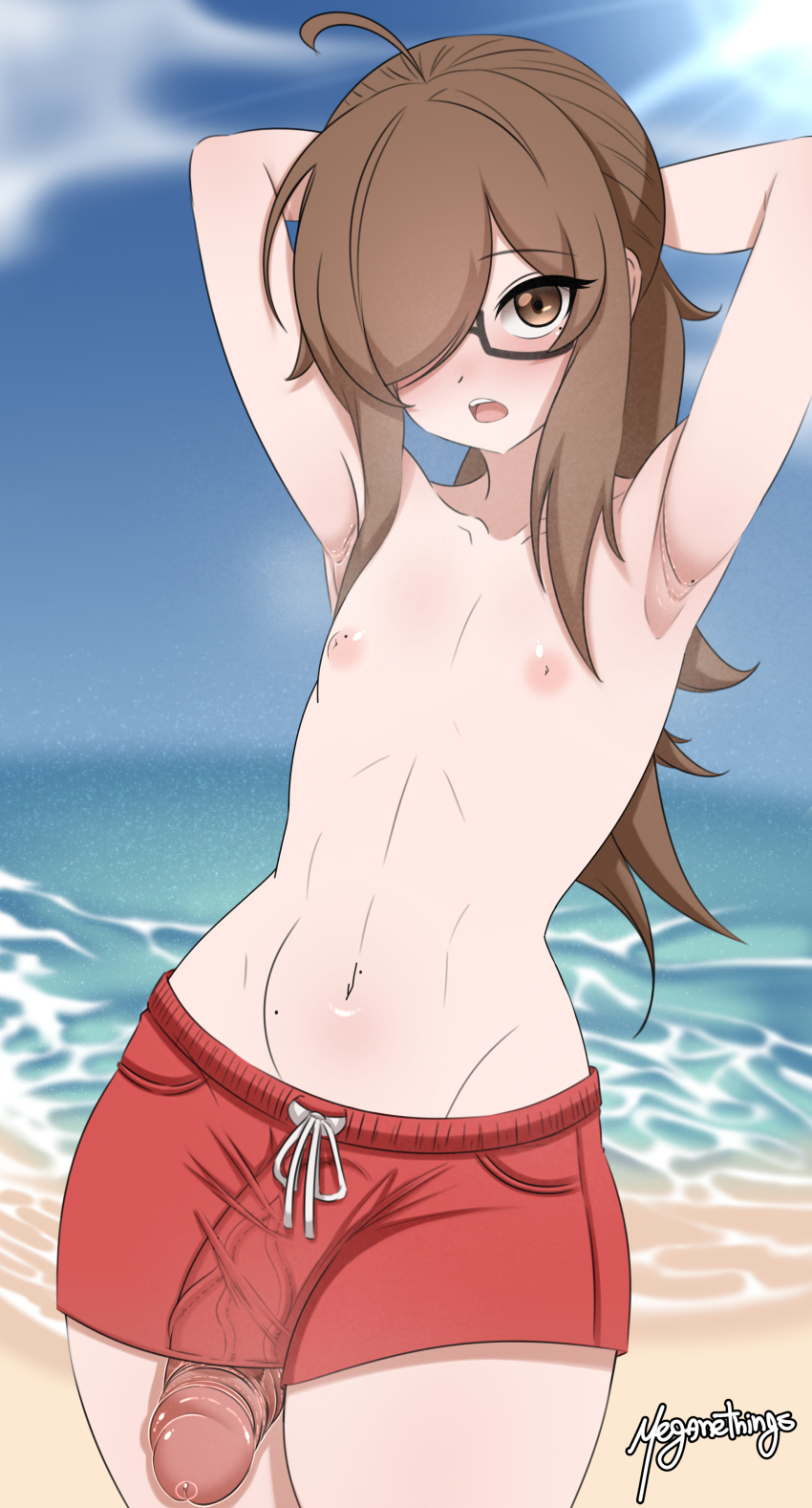 1boy absurdres ahoge armpits arms_behind_head arms_up artist_name beach blue_sky blurry blurry_background blush brown_eyes brown_hair collarbone commentary cowboy_shot day english_commentary glasses hair_over_one_eye highres large_penis long_hair looking_at_viewer male_swimwear meganethings mole mole_on_armpit mole_on_nipple mole_on_stomach mole_under_eye multiple_moles navel nipples ocean one_eye_covered open_mouth original outdoors parted_bangs penis precum red_male_swimwear red_swim_trunks semi-rimless_eyewear sky solo standing swim_trunks teeth trap under-rim_eyewear upper_teeth_only veins veiny_penis