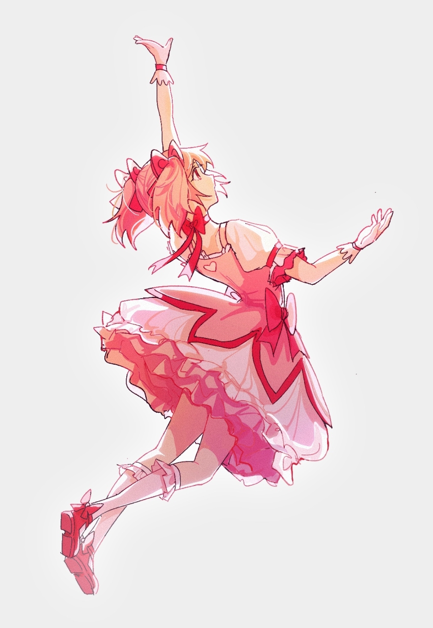 1girl bow full_body gloves grey_background hair_bow highres jumping kaname_madoka kneehighs mahou_shoujo_madoka_magica outstretched_arm pink_hair pink_shoes profile puffy_sleeves red_bow red_eyes shoe_soles shoes short_hair simple_background socks solo wangchuan white_gloves white_socks