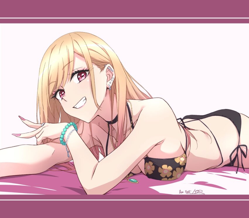 1girl bikini blonde_hair breasts cleavage commentary_request ear_piercing earrings floral_print floral_print_bikini grin halterneck highres jewelry kitagawa_marin long_hair looking_at_viewer lying medium_breasts nail_polish nii_manabu on_stomach piercing red_eyes ring side-tie_bikini_bottom smile solo sono_bisque_doll_wa_koi_wo_suru string_bikini swimsuit teeth v