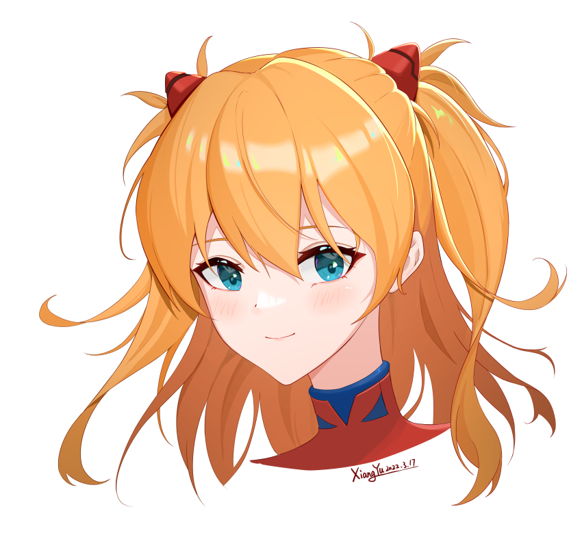 1girl absurdres artist_name bodysuit closed_mouth commentary_request dated eyebrows_hidden_by_hair green_eyes hair_between_eyes hairpods head highres long_hair looking_at_viewer mecha_pilot_suit neon_genesis_evangelion orange_hair plugsuit_(evangelion) portrait red_bodysuit signature simple_background smile solo souryuu_asuka_langley white_background xiangyu_xiangyu