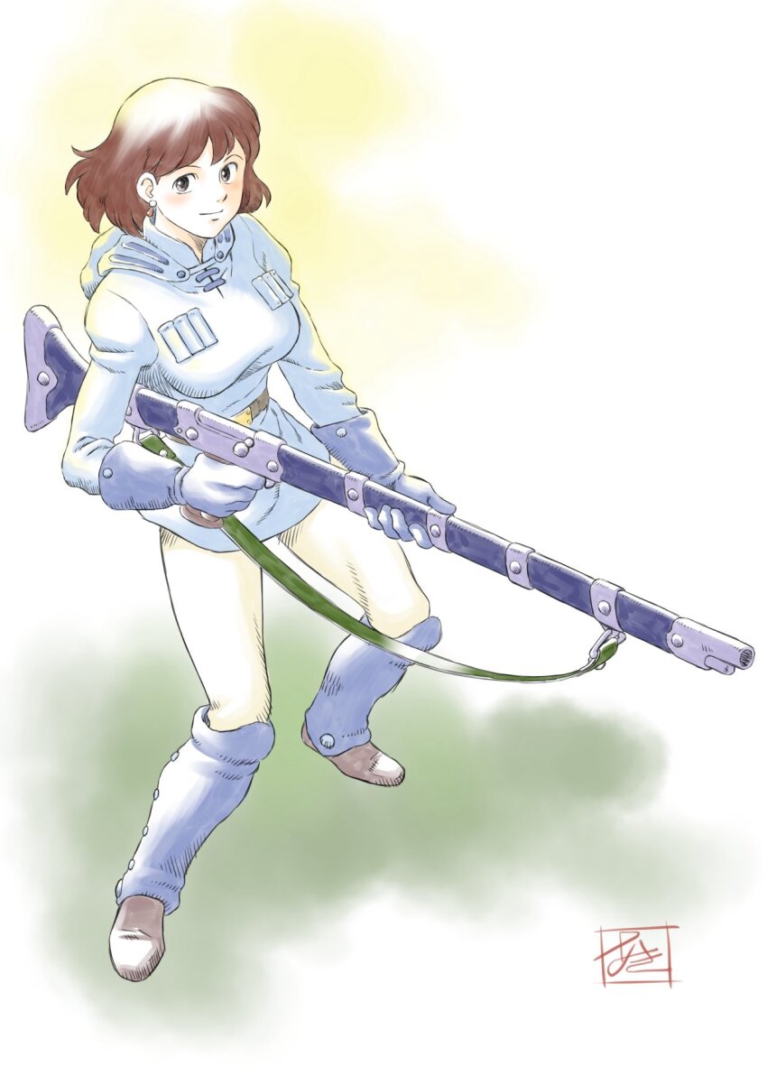1girl artist_logo blue_gloves blue_shirt brown_hair full_body gloves highres holding holding_weapon hood hood_down hooded_shirt kaze_no_tani_no_nausicaa logo looking_at_viewer nausicaa niina_akihiko shirt short_hair solo weapon