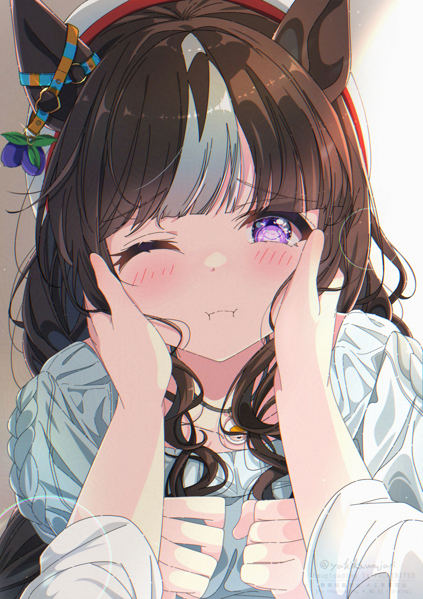 1girl 1other absurdres animal_ears blush brown_hair closed_mouth commentary_request ear_ornament hat highres hokko_tarumae_(umamusume) horse_ears horse_girl juri-arima long_hair multicolored_hair one_eye_closed pov purple_eyes shirt streaked_hair umamusume upper_body white_hair white_hat white_shirt