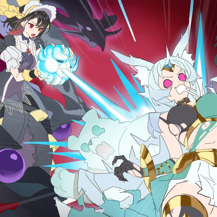 2girls animal_ear_fluff animal_ears apollousa_bow_of_the_goddess black_dress black_hair blue_hair dark_ruler_no_more dragon dress highres light_blue_hair long_hair medium_hair multiple_girls red_cucumber underworld_goddess_of_the_closed_world yu-gi-oh!