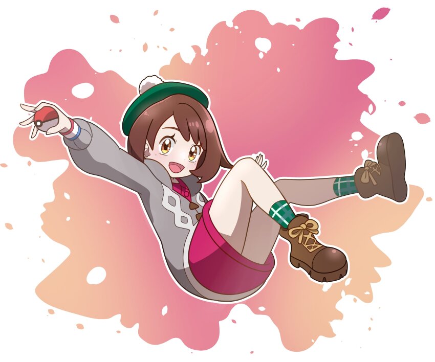 1girl :d absurdres boots brown_boots brown_eyes brown_hair cardigan dress dynamax_band eyelashes full_body gloria_(pokemon) green_hat green_socks grey_cardigan happy hat highres holding holding_poke_ball hood hood_down hooded_cardigan mixed-language_commentary muis0802 nintendo open_mouth outline pink_dress poke_ball poke_ball_(basic) pokemon pokemon_swsh short_hair smile socks solo tam_o&#039;_shanter tongue