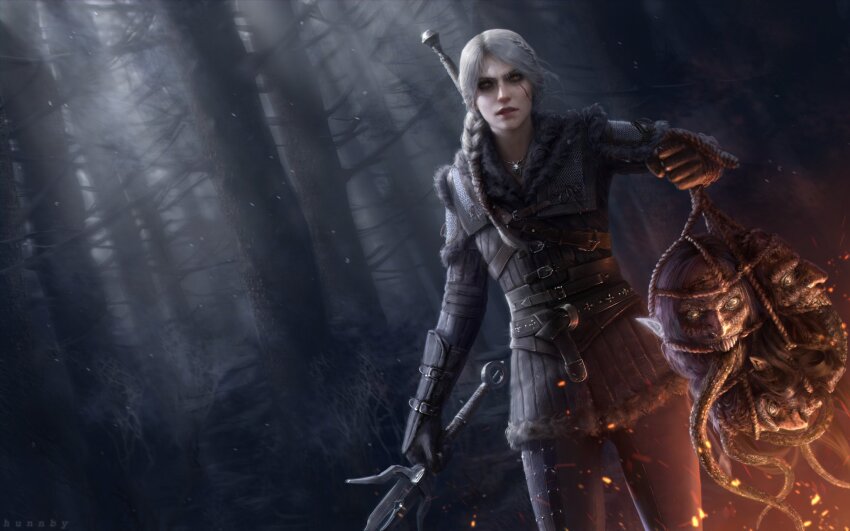 1girl armor black_pants braid braided_ponytail ciri embers facial_scar gloves highres holding holding_sword holding_weapon honeybunny-art long_hair outdoors pants scar scar_on_cheek scar_on_face severed_head sword the_witcher_(series) the_witcher_4 tree weapon white_hair yellow_eyes