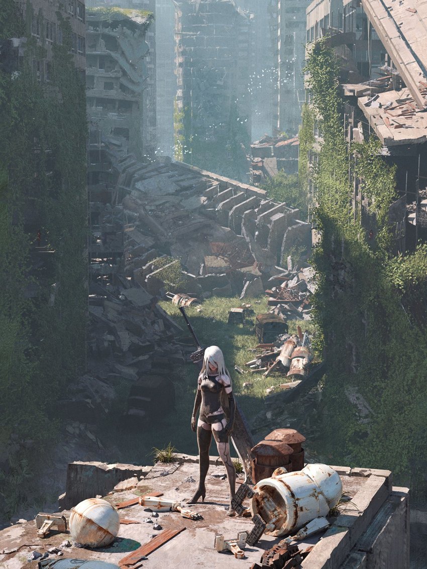 3girls a2_(nier:automata) after_battle android asymmetrical_legwear bird black_gloves building city commentary dirty elbow_gloves english_commentary gloves grass greatsword high_heels highres joints machine_(nier) multiple_girls nier:automata nier_(series) official_art plant promotional_art red_girl_(nier) robot_joints rounin_(amuza) ruins scenery short_shorts shorts square_enix standing sword vines weapon white_hair