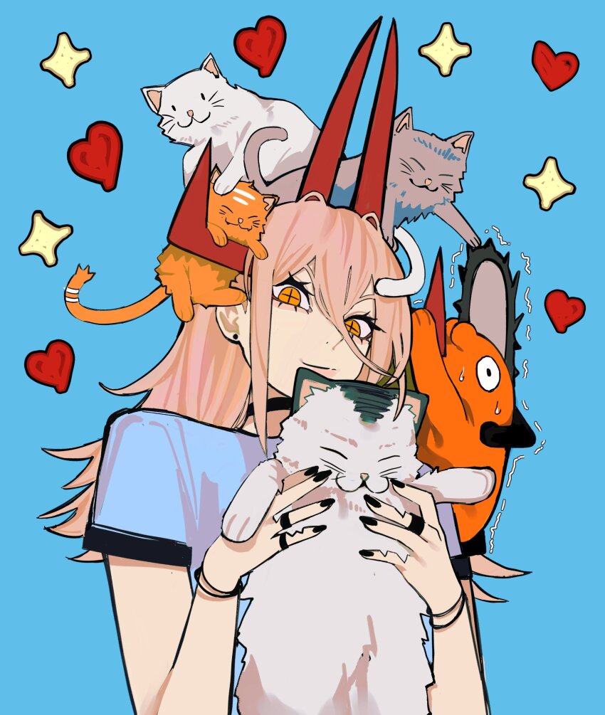 1girl absurdres black_choker blue_background blue_shirt chainsaw chainsaw_man choker cross-shaped_pupils demon_horns dog heart highres horns long_hair looking_at_viewer meowy_(chainsaw_man) multiple_cats orange_hair pochita_(chainsaw_man) power_(chainsaw_man) sailen0 shirt star_(symbol) struggling symbol-shaped_pupils