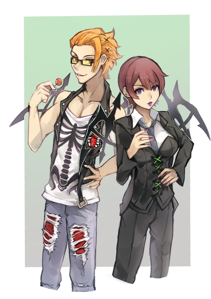 1boy 1girl black_pants black_suit black_vest black_wings blue_eyes blue_necktie brown_eyes candy collared_shirt corset food formal_clothes glasses hand_on_own_hip highres holding_candy holding_food holding_lollipop kariya_koki lipstick lollipop makeup nail_polish necktie orange_hair pants pink_hair pink_nails rectangular_eyewear shin_subarashiki_kono_sekai shirt spiked_wings subarashiki_kono_sekai suit vest white_shirt wings yashiro_uzuki