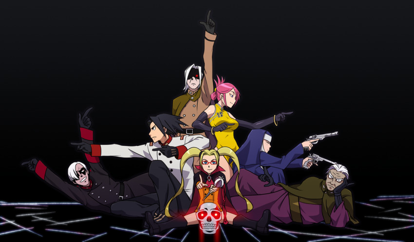 adler_(akatsuki_en-eins) akatsuki_(akatsuki_en-eins) akatsuki_blitzkampf anonym black_hair blitztank blonde_hair censored closed_eyes death_parade dual_wielding fritz glasses glowing glowing_eye glowing_eyes gun headpiece holding marilyn_sue multiple_boys multiple_girls murakumo_(akatsuki_en-eins) mycale nun parody red_eyes shaded_face short_hair skull tiwangzha weapon white_hair