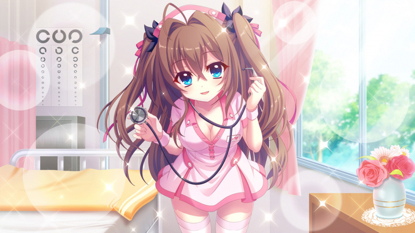 1girl ahoge bed black_bow blue_eyes bow breasts brown_hair cleavage curtains daisy_(flower) day doily dot_nose eye_chart film_grain flower game_cg hair_bow hair_intakes hair_ribbon hat holding holding_stethoscope indoors izumi_tsubasu leaning_forward lens_flare long_hair looking_at_viewer medium_breasts non-web_source nurse nurse_cap official_art open_mouth pink_ribbon re:stage! red_flower red_rose ribbon rose shikimiya_aone smile solo sparkle stethoscope straight-on sunlight thighhighs two_side_up vase white_flower white_thighhighs window zettai_ryouiki