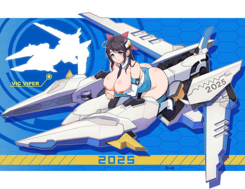 1girl 2025 absurdres aoba_anoa aoba_anoa_(cosplay) ass blue_eyes breasts cleavage cosplay crossed_arms curvy gradius happy_new_year hero_(do-belman) highres huge_ass large_breasts long_hair looking_at_viewer new_year original otomedius riding science_fiction smile solo spacecraft starfighter thick_thighs thighhighs thighs vic_viper vic_viper_(z.o.e.) wide_hips zone_of_the_enders