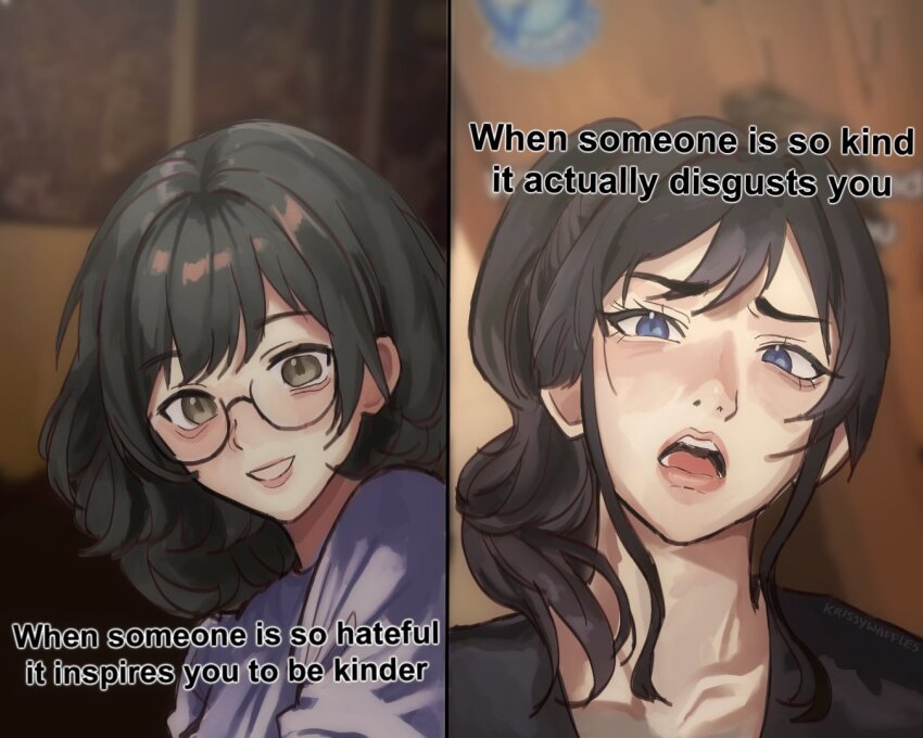 2girls black_hair black_shirt blue_eyes class_of_09 commentary disgust english_commentary english_text grey_eyes grin karen_(class_of_09) krissywaffles long_hair looking_at_viewer medium_hair meme multiple_girls nicole_(class_of_09) open_mouth ponytail semi-rimless_eyewear shirt smile teeth tongue white_shirt