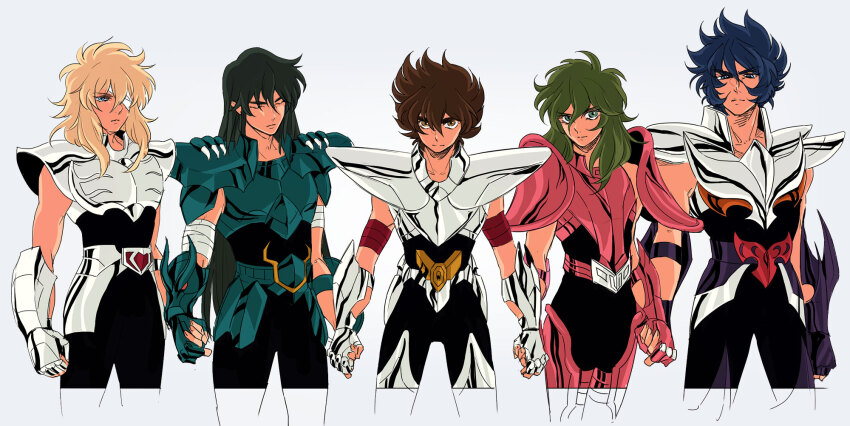 5boys andromeda_shun armband armor bandage_over_one_eye bishounen black_bodysuit black_hair blonde_hair blue_eyes blue_hair bodysuit breastplate brothers brown_hair closed_eyes cowboy_shot cygnus_hyouga dragon_shiryuu frown gauntlets green_hair highres holding_hands long_hair looking_at_viewer male_focus mantles medium_hair multiple_boys pauldrons pegasus_seiya phoenix_ikki pink_armor red_armband saint_seiya serious short_hair shoulder_armor siblings silver_armor spiked_hair v-shaped_eyebrows