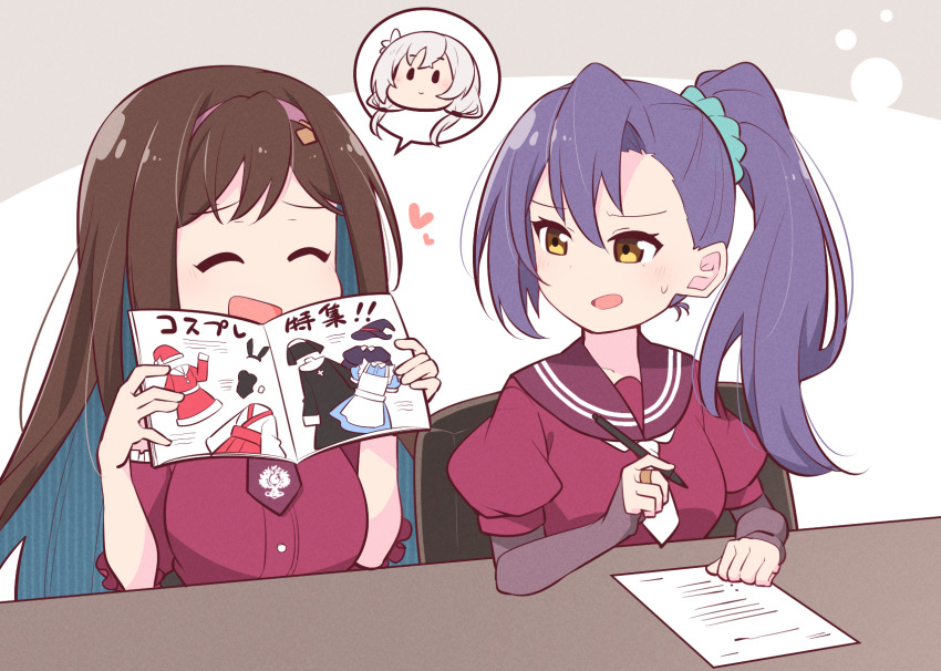 3girls :d ^_^ aqua_scrunchie arm_on_table assault_lily asymmetrical_bangs blush breasts brown_background brown_hair brown_necktie brown_sailor_collar buttons chair closed_eyes colored_inner_hair commentary_request detached_sleeves elbow_on_table hair_ornament hair_scrunchie hairband hands_up heart high_ponytail highres holding holding_magazine holding_pen honma_akehi ishizuka_fujino jewelry kanba_girls_high_school_uniform layered_sleeves long_hair long_sleeves looking_at_another looking_to_the_side magazine_(object) medium_breasts morugen multicolored_hair multiple_girls necktie on_chair open_magazine open_mouth paper parted_lips pen pink_hairband ponytail puffy_short_sleeves puffy_sleeves purple_hair raised_eyebrows red_shirt ring sailor_collar school_uniform scrunchie serafuku shiozaki_suzume shirt short_necktie short_sleeves side_ponytail sitting sleeves_past_wrists smile speech_bubble spoken_character translated two-tone_background two-tone_hair upper_body white_background white_necktie
