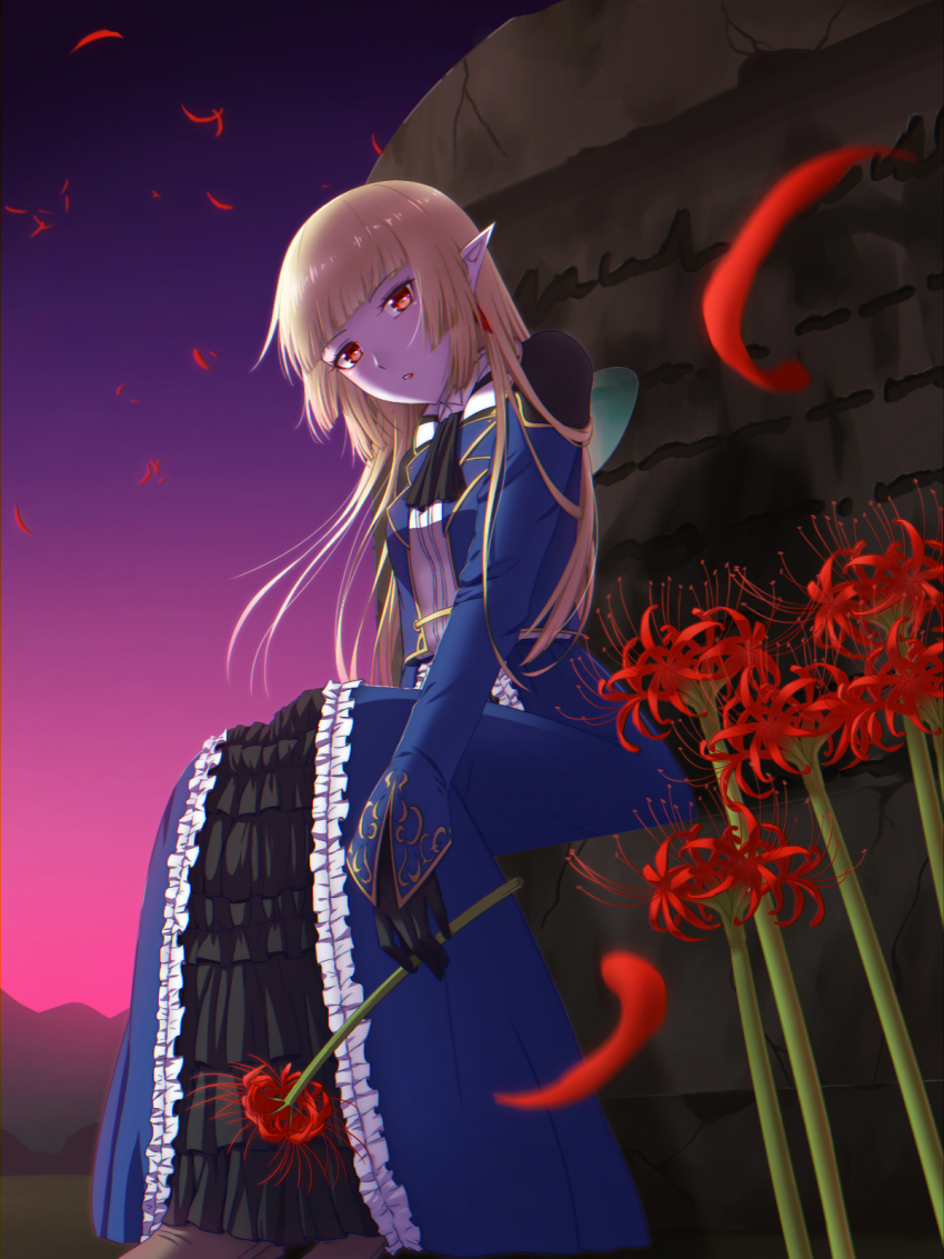 1girl arice487 ascot black_ascot black_gloves blonde_hair blue_dress blunt_bangs blunt_ends colored_skin commentary_request dragon_quest dragon_quest_x dress earrings elf_(dq10) fairy_wings floating_hair flower from_below gloves gradient_sky highres holding holding_flower jewelry long_hair long_sleeves looking_at_viewer looking_down parted_lips petals pink_skin pointy_ears red_eyes sitting sky solo spider_lily white_trim wings