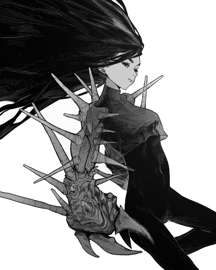 1girl absurdres bodysuit bodysuit_under_clothes breasts claws closed_mouth commentary covered_navel cropped_shirt floating_hair from_side greyscale highres light_smile long_hair looking_at_viewer making-of_available medium_breasts monochrome original prosthesis prosthetic_arm see-through_clothes shirt_overhang simple_background solo spikes straight_hair zero808w
