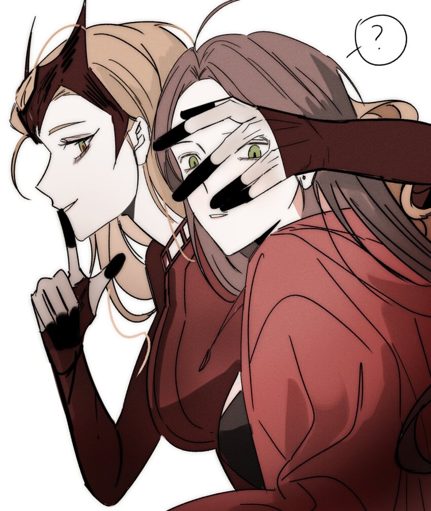 2girls 838x616 ? ahoge animification avengers:_age_of_ultron avengers_(series) black_dress blonde_hair breasts brown_hair commentary_request doctor_strange_(series) doctor_strange_in_the_multiverse_of_madness dress dual_persona green_eyes grey_eyes hand_on_another&#039;s_face hand_up highres index_finger_raised jacket korean_commentary long_hair long_sleeves looking_at_another looking_at_viewer marvel marvel_cinematic_universe mask mask_on_head medium_breasts multiple_girls open_clothes open_jacket red_dress red_jacket red_mask red_pupils scarlet_witch simple_background smile spoken_question_mark teeth upper_body wanda_maximoff white_background