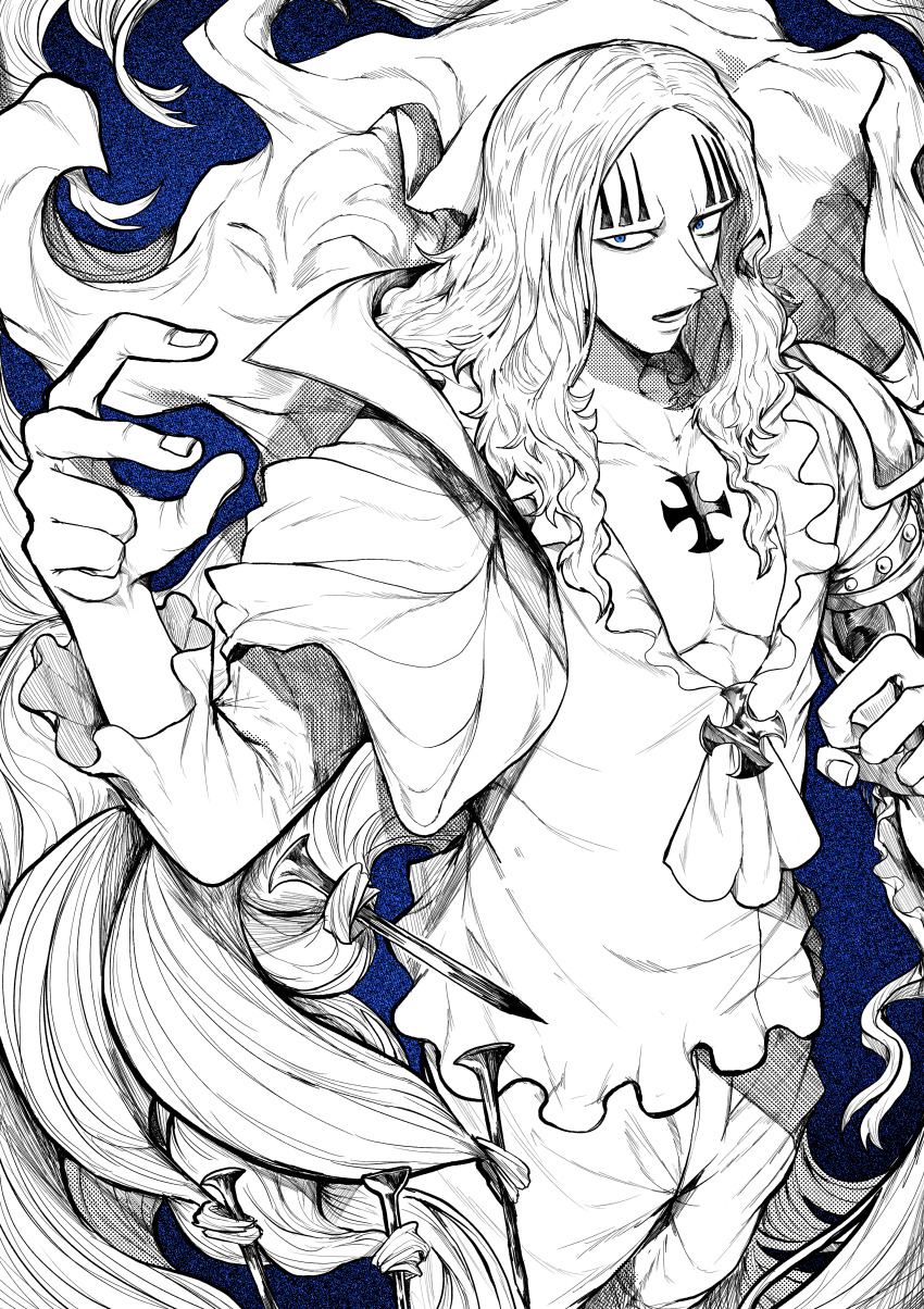 1boy absurdres armor basil_hawkins blue_eyes cape commentary_request cross cross_patty facial_mark facial_tattoo greyscale_with_colored_background highres long_hair long_sleeves male_focus monochrome nail_(hardware) one_piece open_mouth pauldrons shoulder_armor single_pauldron solo spot_color standing tattoo teeth yotsumi_shiro