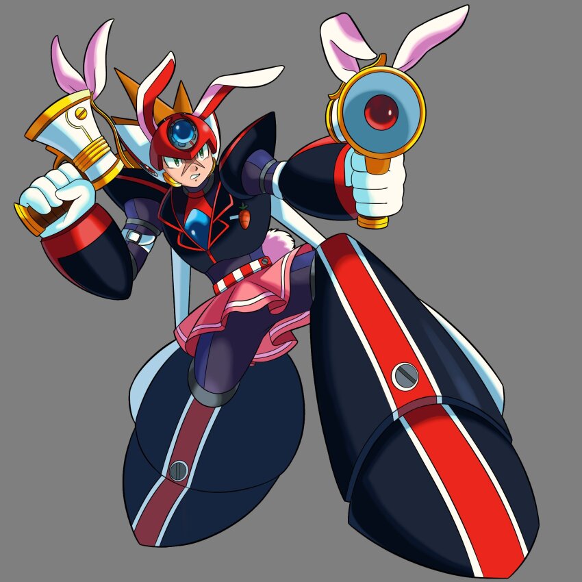 1boy aiming aiming_at_viewer android animal_ears animemaster armor axl_(mega_man) black_armor brown_hair chest_jewel clenched_teeth cosplay cross_scar fake_animal_ears fake_tail finger_on_trigger forehead_jewel full_body gloves green_eyes grey_background gun helmet highres holding holding_gun holding_weapon jewelry male_focus mega_man_(series) mega_man_x_(series) miniskirt official_style on_one_knee pink_skirt red_helmet reisen_udongein_inaba reisen_udongein_inaba_(cosplay) robot robot_ears scar scar_on_face simple_background skirt solo solo_focus spiked_hair standing standing_on_one_leg tail teeth touhou weapon white_gloves