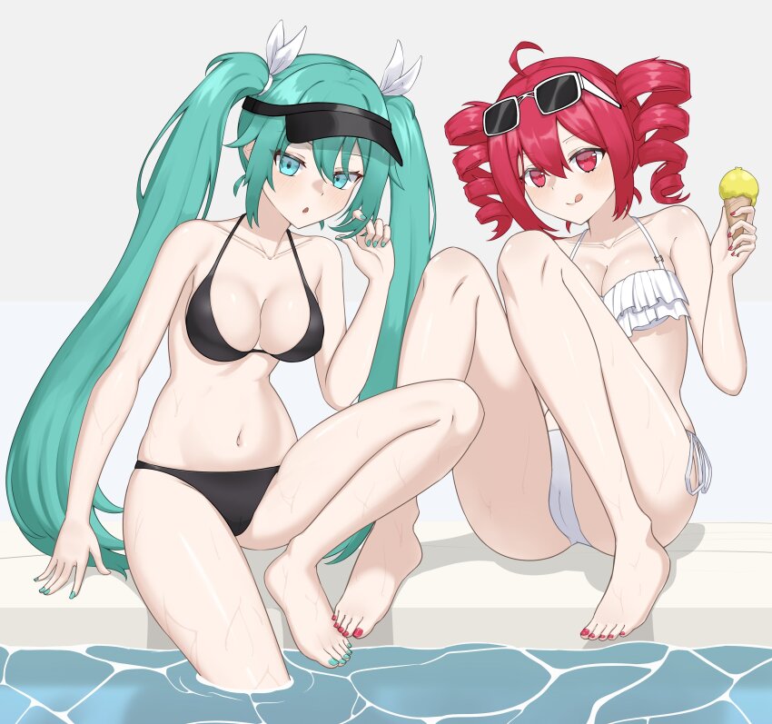 2girls :o absurdres ahoge arm_at_side armpit_crease bikini black_bikini black_hat blue_nails blush breasts cleavage collarbone commentary_request drill_hair fingernails food frilled_bikini frills grey_background hair_between_eyes hair_ribbon hand_up hat hatsune_miku highres holding holding_ice_cream_cone ice_cream ice_cream_cone kasane_teto loginazfy long_hair looking_at_viewer medium_breasts multiple_girls navel red_eyes red_hair red_nails ribbon smile soaking_feet swimsuit toenails tongue tongue_out twin_drills twintails twirling_hair utau very_long_hair visor_cap vocaloid water white_bikini white_ribbon
