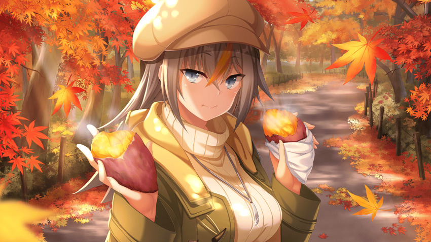 1girl alternate_costume autumn autumn_leaves blue_eyes branch breasts bug casual coat day deep_one_kyomu_to_mugen_no_fragment dragonfly dusk eating edelgard_einstein embers explosion falling_leaves fiery_hair fiery_wings fire fireplace flaming_weapon food forest gradient_sky hair_between_eyes hair_ornament hat holding holding_food insect jacket leaf leaf_background leaf_hair_ornament leaf_on_head leaf_print long_hair long_sleeves looking_at_viewer maple_leaf mtu_(orewamuzituda) nature non-web_source open_clothes orange_theme outdoors pyrokinesis sky solo sweater sweet_potato turtleneck turtleneck_sweater white_sweater wings