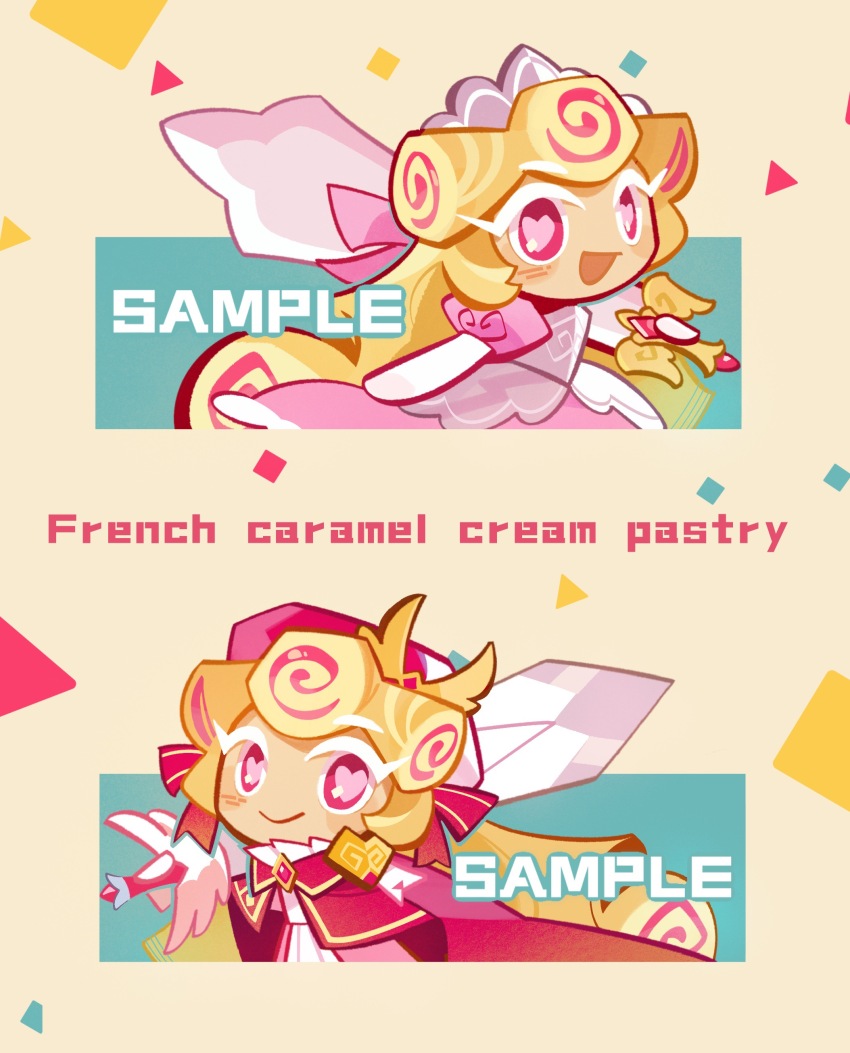 1girl absurdres armor armored_dress beret blonde_hair bradyclaph83904 cape cookie_run cookie_run:_kingdom dress greatsword hat heart heart-shaped_pupils highres holding holding_sword holding_weapon kouign-amann_cookie kouign-amann_cookie_(pride_of_the_academy) long_hair looking_at_viewer multicolored_hair multiple_views official_alternate_costume open_mouth pink_cape pink_dress pink_eyes pink_hair pink_hat princess puffy_short_sleeves puffy_sleeves short_sleeves sidelocks smile streaked_hair sword symbol-shaped_pupils very_long_hair weapon