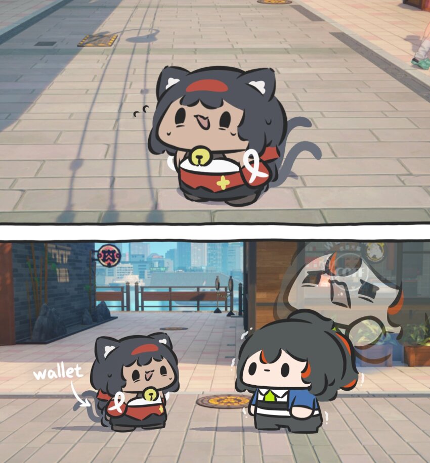 2girls animal_ears arrow_(symbol) bell black_hair black_pants cat_ears cat_girl cat_tail chibi chibi_only commentary english_commentary english_text flying_sweatdrops hairband highres jacket multicolored_hair multiple_girls multiple_tails neck_bell nekomiya_mana open_mouth outdoors pants photo_background police ponytail projected_inset red_hair red_hairband red_sleeves screaming superappleman sweat tail trembling two-tone_hair two_tails zenless_zone_zero zhu_yuan