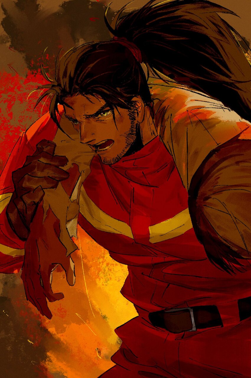 2boys arm_around_shoulder beard belt black_belt brown_gloves brown_hair contemporary cowboy_shot facial_hair final_fantasy final_fantasy_xiv firefighter firefighter_jacket gloves grey_eyebrows hand_on_another&#039;s_arm hien_rijin highres jacket long_hair looking_ahead male_focus multiple_boys open_mouth orange_jacket orange_pants pants ponytail shiyikuaiqingtai_(weibo7279846390) solo_focus teeth v-shaped_eyebrows