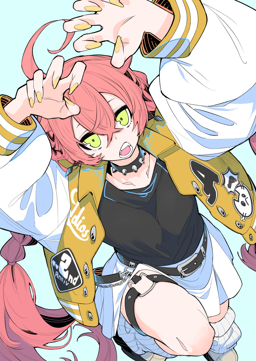 1girl absurdres ahoge aqua_background belt black_shirt braid chain choker claw_pose crossed_bangs dynamic_pose fangs from_above green_eyes hair_between_eyes hand_on_own_face highres jacket long_hair looking_at_viewer loose_socks nail_polish nijisanji open_clothes open_jacket open_mouth orange_hair shirt shishido_akari simple_background skirt socks solo spiked_choker spikes tetsu_booya thick_thighs thigh_strap thighs twin_braids virtual_youtuber white_skirt white_sleeves yellow_jacket yellow_nails