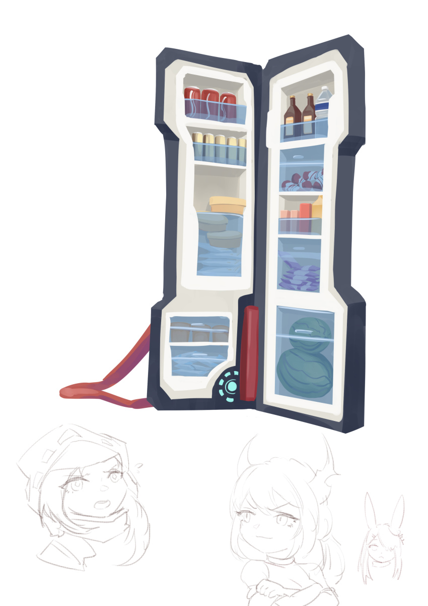absurdres arknights bottle bottled_water can case cola cy9 doctor_(arknights) drink drink_can food frostnova_(arknights) fruit highres luggage refrigerator suitcase surtr_(arknights) tagme uid:41624170 water water_bottle watermelon