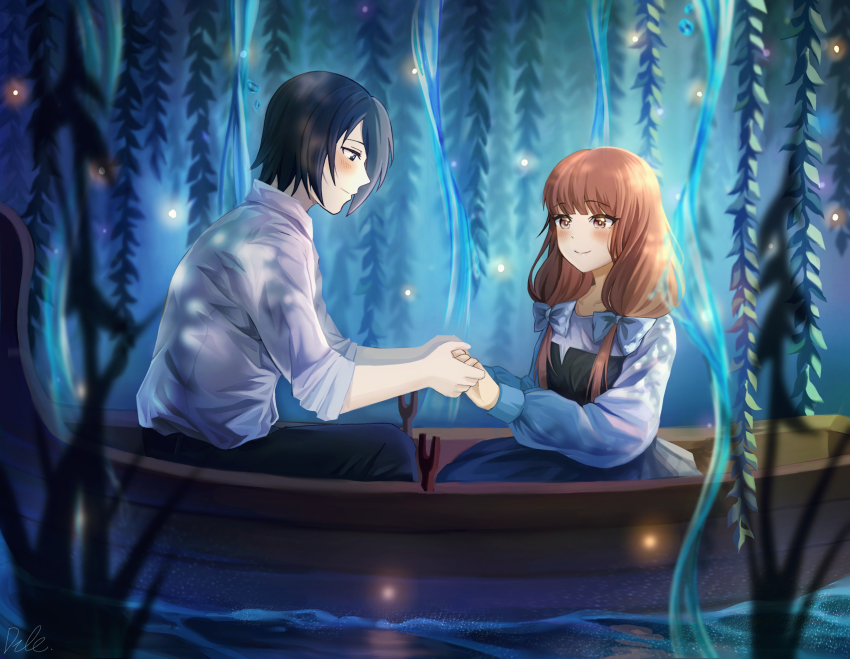 1boy 1girl absurdres black_dress black_hair black_pants blouse blue_bow blue_dress blurry blush boat bow brown_eyes brown_hair collarbone collared_shirt commentary commission couple depth_of_field dress dule_(anhaidule) from_side hair_bow highres holding_hands iino_miko ishigami_yuu kaguya-sama_wa_kokurasetai_~tensai-tachi_no_renai_zunousen~ outdoors pants parody shirt short_hair sitting smile tagme the_little_mermaid_(disney) water watercraft white_shirt