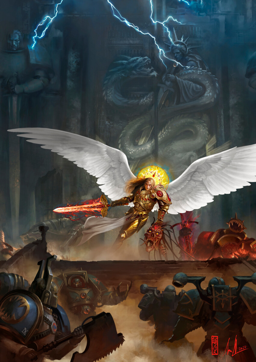 absurdres adeptus_astartes angel_wings angron armor blonde_hair blood_angels cable chain_axe corpse david-sondered decapitation demon_primarch dynamic_pose fighting flying highres holding holding_sword holding_weapon imperium_of_man lightning long_hair outdoors palace primarch sanguinius skull stairs sword warhammer_40k weapon wings world_eaters