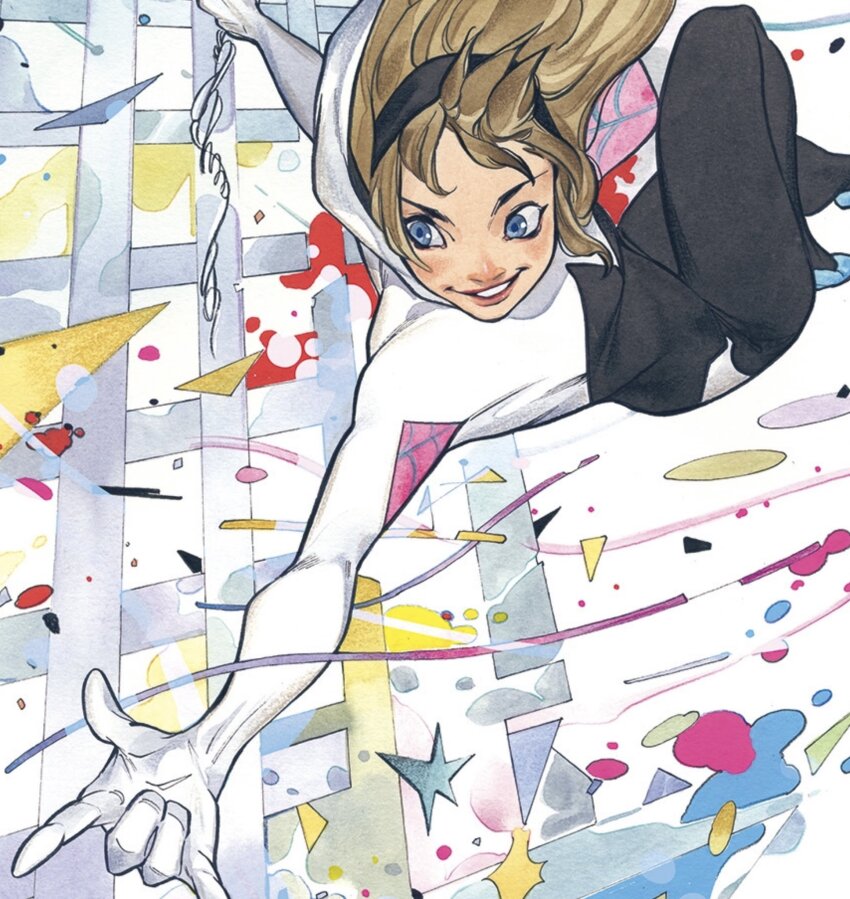 1girl black_bodysuit blonde_hair bodysuit commentary gwen_stacy highres hood hooded_bodysuit marvel multicolored_bodysuit peach_momoko short_hair solo spider-gwen spider-man_(series) spider_web_print symbol-only_commentary two-tone_bodysuit white_bodysuit
