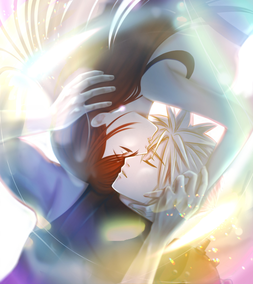 1boy 1girl absurdres armor azezazel bare_arms black_hair blonde_hair closed_eyes cloud_strife crop_top face-to-face final_fantasy final_fantasy_vii final_fantasy_vii_remake hand_on_another&#039;s_head highres light_rays long_hair shoulder_armor sleeveless sleeveless_turtleneck spiked_hair sweater tank_top tifa_lockhart turtleneck turtleneck_sweater upper_body white_tank_top