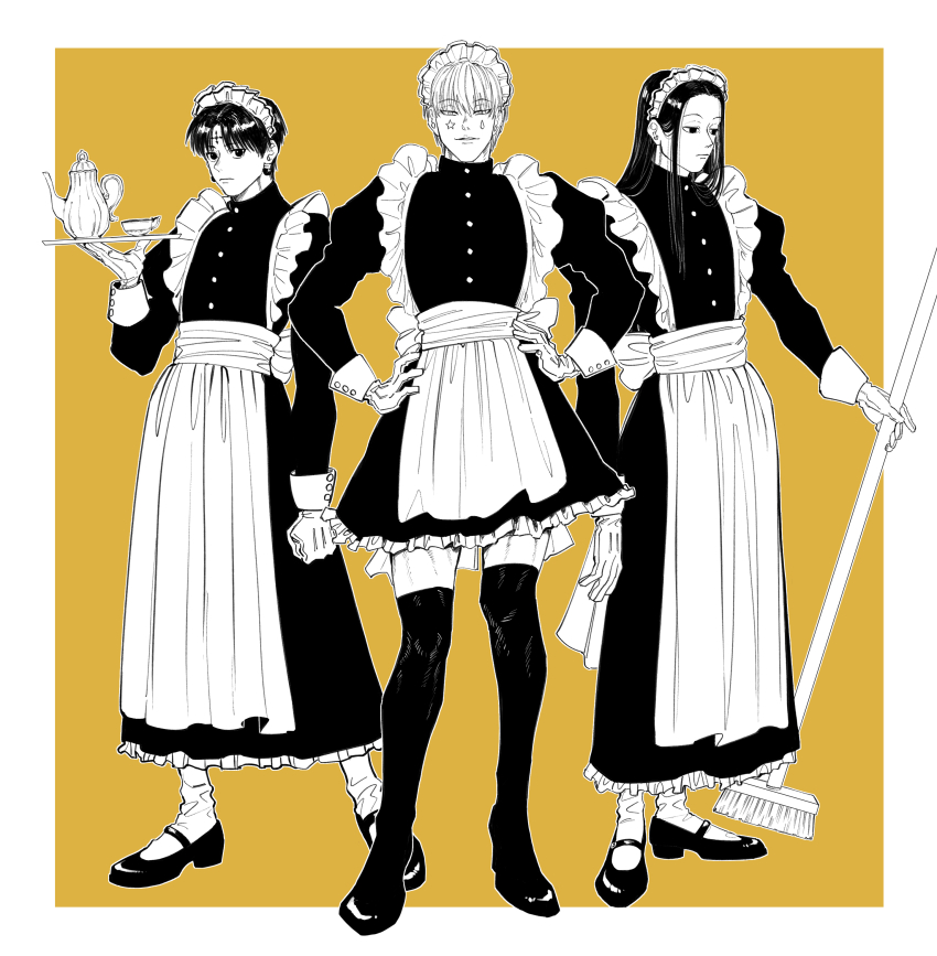 3boys absurdres alternate_costume apron arm_at_side broom chrollo_lucilfer cross cross_print crossdressing cup dress earrings enmaided expressionless facial_mark forehead_mark frilled_apron frilled_dress frills full_body fuse_(2sau3) gloves greyscale_with_colored_background hands_on_own_hips highres hisoka_morow holding holding_broom holding_tray hunter_x_hunter illumi_zoldyck jewelry juliet_sleeves long_dress long_hair long_sleeves looking_at_viewer maid maid_apron maid_headdress male_focus male_maid mary_janes monochrome multiple_boys outside_border parted_bangs puffy_sleeves shoes short_dress short_hair smirk socks star_(symbol) straight_hair teacup teapot teardrop_facial_mark thighhighs tray waist_apron yellow_background yellow_theme zettai_ryouiki