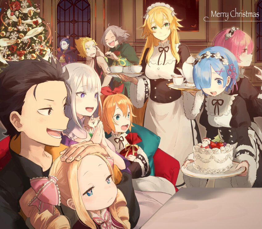 4boys 6+girls 8_humi beatrice_(re:zero) black_hair blonde_hair blue_eyes blue_pupils bow_hairband brown_eyes butterfly-shaped_pupils cake christmas_tree commentary_request cup drill_hair drunk emilia_(re:zero) food frederica_baumann garfiel_tinsel green_eyes grey_hair hair_between_eyes hair_over_one_eye hair_ribbon hairband hand_on_another&#039;s_head highres holding holding_plate holding_tray long_hair long_sleeves maid maid_headdress merry_christmas multiple_boys multiple_girls natsuki_subaru open_mouth otto_suewen petra_leyte pink_eyes pink_hair pink_ribbon plate purple_eyes ram_(re:zero) re:zero_kara_hajimeru_isekai_seikatsu red_hairband rem_(re:zero) ribbon roswaal_l._mathers roswaal_mansion_maid_uniform scar scar_on_face siblings sisters smile symbol-shaped_pupils teacup teapot tray twin_drills twins