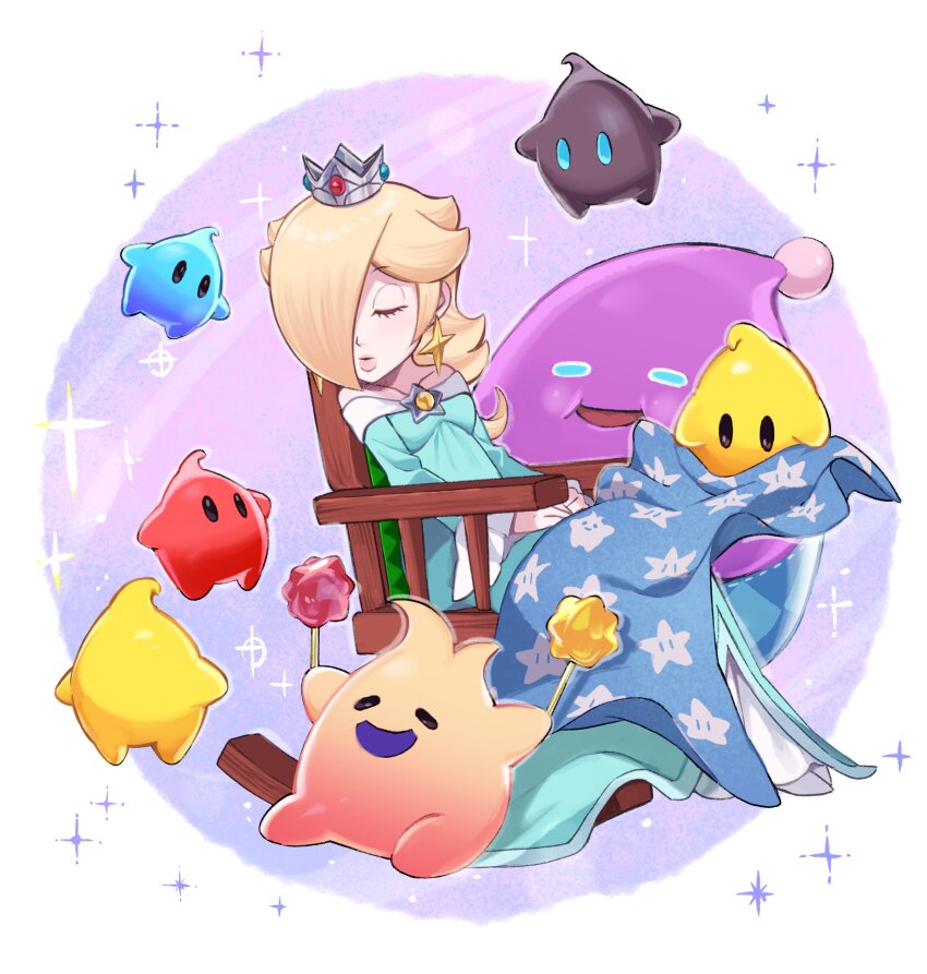 1girl 6+others absurdres blanket blonde_hair brooch chair closed_eyes crown earrings hair_over_one_eye highres hungry_luma_(super_mario_galaxy) jewelry light_blue_dress long_hair lubba luma_(mario) mario_(series) multiple_others nintendo on_chair open_mouth polari_(super_mario_galaxy) rocking_chair rosalina sasaki_sakiko sitting sleeping star_(symbol) star_brooch star_earrings star_print super_mario_galaxy super_mario_galaxy_2