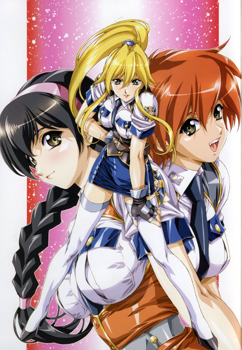 00s 3girls absurdres black_eyes black_hair blonde_hair braid burn-up burn-up_scramble green_eyes hairband highres jinguu_maya kinezono_rio lilica_evett long_hair multiple_girls pencil_skirt ponytail red_hair short_hair skirt thighhighs urushihara_satoshi zettai_ryouiki
