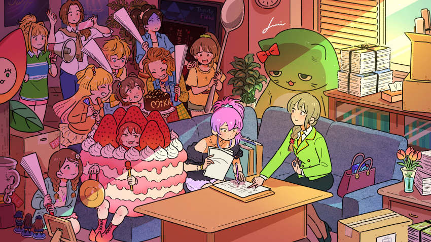 6+girls :3 akagi_miria akanishi_erika cake cake_costume cathy_graham character_name chocolate_cake clock couch figure finger_to_mouth food green_jacket hand_fan highres hino_akane_(idolmaster) holding holding_megaphone holding_paper holding_pen holding_phone hori_yuko idolmaster idolmaster_cinderella_girls indoors jacket jennie_congee jougasaki_mika jougasaki_rika kawashima_mizuki light_smile looking_at_another looking_at_object megaphone multiple_girls namba_emi nonomura_sora office office_lady ok_sign on_couch pantyhose paper pen phone picture_frame pina_korata plant pointing ponytail senkawa_chihiro shushing side_ponytail sitting smile smug stuffed_toy sunlight table taking_picture trophy ueda_suzuho ueki-chan window_blinds
