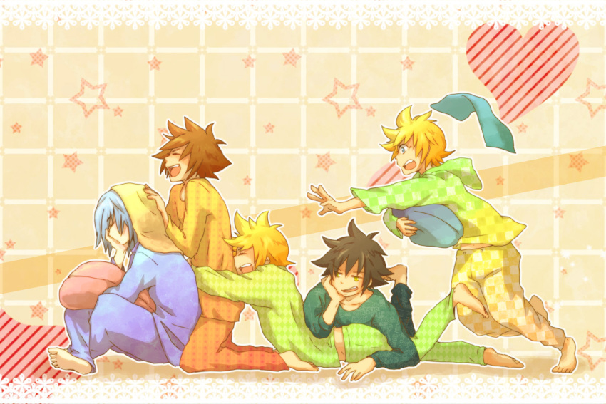 5boys alternate_costume barefoot black_hair blanket blonde_hair blue_hair blue_pants blue_shirt brown_hair checkered_clothes closed_eyes commentary_request elbow_rest from_side full_body fumika_m hand_on_another&#039;s_head hand_on_own_face heart highres hug hug_from_behind hugging_object kingdom_hearts kingdom_hearts_birth_by_sleep kingdom_hearts_ii kneeling lace_background leaning_forward light_blue_hair lying male_focus midriff_peek multiple_boys on_stomach open_mouth orange_pants orange_shirt outline pajamas pants pillow pillow_hug riku_(kingdom_hearts) roxas shadow shirt short_hair sitting sleepover smile sora_(kingdom_hearts) spiked_hair standing star_(symbol) teeth tripping upper_teeth_only vanitas_(kingdom_hearts) ventus_(kingdom_hearts) waist_hug white_outline yellow_background