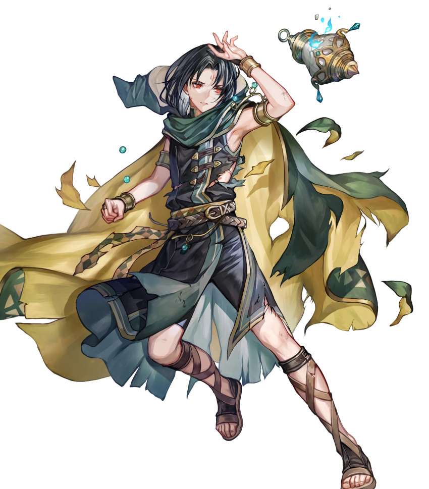 1boy androgynous armlet armpits belt black_hair bracelet cape facial_mark fire_emblem fire_emblem:_radiant_dawn fire_emblem_heroes floating floating_object forehead_mark gladiator_sandals green_cape highres hood hooded_cape jewelry lantern male_focus nintendo non-web_source official_art red_eyes sandals senano-yu soren_(fire_emblem) soren_(khadein)_(fire_emblem) torn_clothes transparent_background two-sided_cape two-sided_fabric yellow_cape