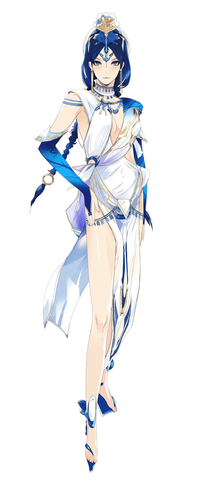 1girl absurdres blue_eyes blue_hair blue_theme breasts bridal_gauntlets caelea caelea_(kagerou) cleavage earrings female_focus headdress highres jewelry kagero:_darkside_princess kagero_deception kagerou:_darkside_princess looking_at_viewer lots_of_jewelry maeda_hirotaka matching_hair/eyes official_art simple_background solo tecmo white_background