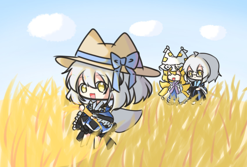 1boy 2girls absurdres blonde_hair child choker family fox_tail grey_hair hat highres if_they_mated japanese_clothes morichika_rinnosuke multiple_girls multiple_tails short_hair tail touhou yakumo_ran yellow_eyes
