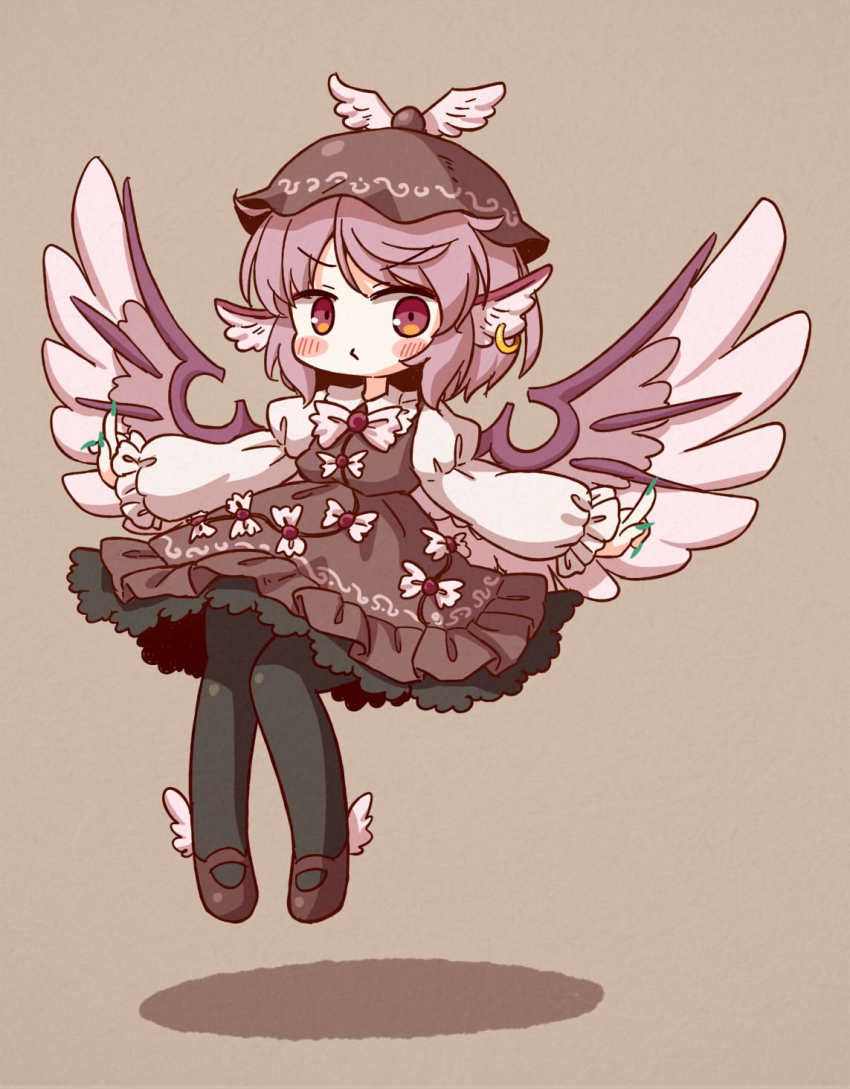 1girl animal_ears arinu bird_ears bird_wings black_legwear brown_background brown_dress brown_footwear brown_headwear closed_mouth dress earrings fingernails full_body highres jewelry long_fingernails long_sleeves looking_at_viewer mystia_lorelei pink_hair red_eyes sharp_fingernails short_hair simple_background single_earring solo touhou v-shaped_eyebrows winged_hat wings