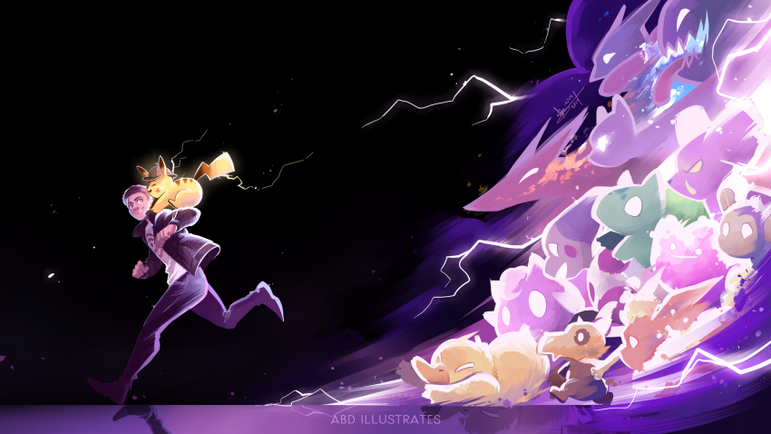 1boy ^_^ abd-illustrates aipom blank_eyes bone brown_hair bulbasaur charizard closed_eyes commentary creature cubone dated detective_pikachu_(game) detective_pikachu_(movie) detective_pikachu_(series) ditto english_commentary gen_1_pokemon gen_2_pokemon gen_6_pokemon granbull greninja hat haunter highres holding holding_bone jigglypuff legendary_pokemon looking_at_another male_focus mew_(pokemon) mr._mime mythical_pokemon nintendo on_shoulder pants pokemon pokemon_(creature) pokemon_on_shoulder psyduck running shirt signature tim_goodman_(movie) tongue tongue_out