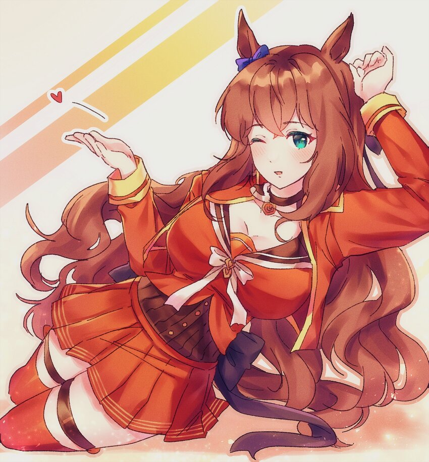 1girl animal_ears blowing_kiss blue_bow bow breasts cleavage commentary_request cowboy_shot cynthia_(uuzz5324) ear_bow green_eyes highres horse_ears horse_girl horse_tail jacket large_breasts long_hair long_sleeves looking_at_viewer lying maruzensky_(umamusume) on_side one_eye_closed open_clothes open_jacket pendant_choker red_jacket red_serafuku red_shirt red_skirt red_thighhighs school_uniform serafuku shirt sidelocks simple_background skirt smile solo tail thigh_strap thighhighs umamusume very_long_hair white_background