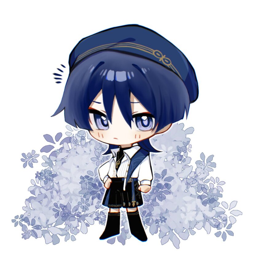 1boy alternate_costume arms_at_sides beret black_hair black_shoes black_shorts black_undershirt blue_hat blunt_ends bush casual chibi clenched_hands closed_mouth collared_shirt contemporary eyeliner eyeshadow full_body genshin_impact gold_trim hakama hakama_shorts hand_on_own_hip hat highres japanese_clothes light_blush long_sleeves looking_at_viewer makeup male_focus notice_lines official_alternate_costume partially_unbuttoned pleated_shorts purple_eyes red_eyeliner red_eyeshadow scaramouche_(genshin_impact) shirt shoes shorts solo standing tujiang6 wanderer_(genshin_impact) wanderer_(wanderer_impression)_(genshin_impact) white_background white_shirt white_sleeves wing_collar
